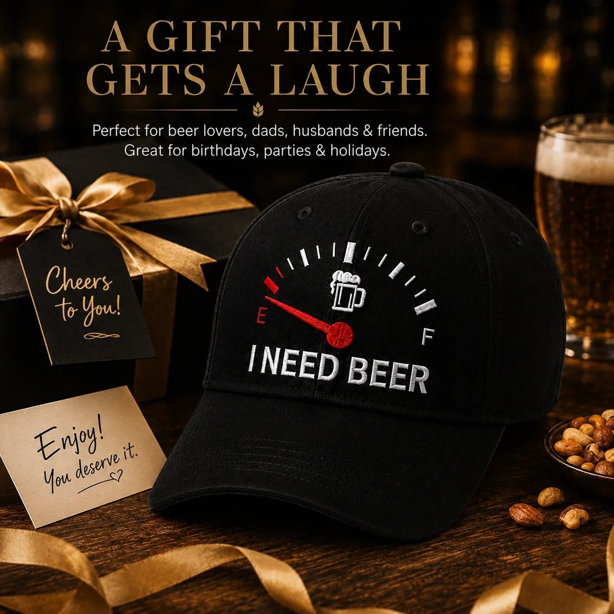 🧢 Broderad keps med bränslemätare och texten ”I Need Beer”: En rolig basebollkeps! 🍺✨