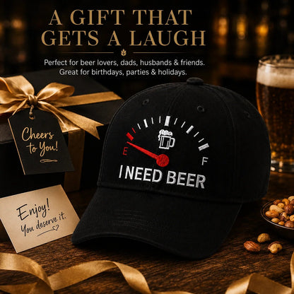 🧢 Broderad keps med bränslemätare och texten ”I Need Beer”: En rolig basebollkeps! 🍺✨