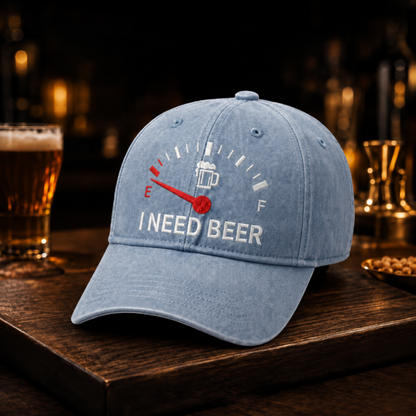 🧢 Broderad keps med bränslemätare och texten ”I Need Beer”: En rolig basebollkeps! 🍺✨