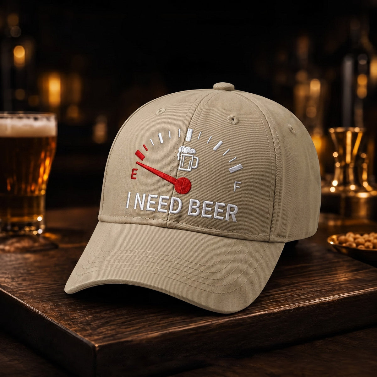 🧢 Broderad keps med bränslemätare och texten ”I Need Beer”: En rolig basebollkeps! 🍺✨