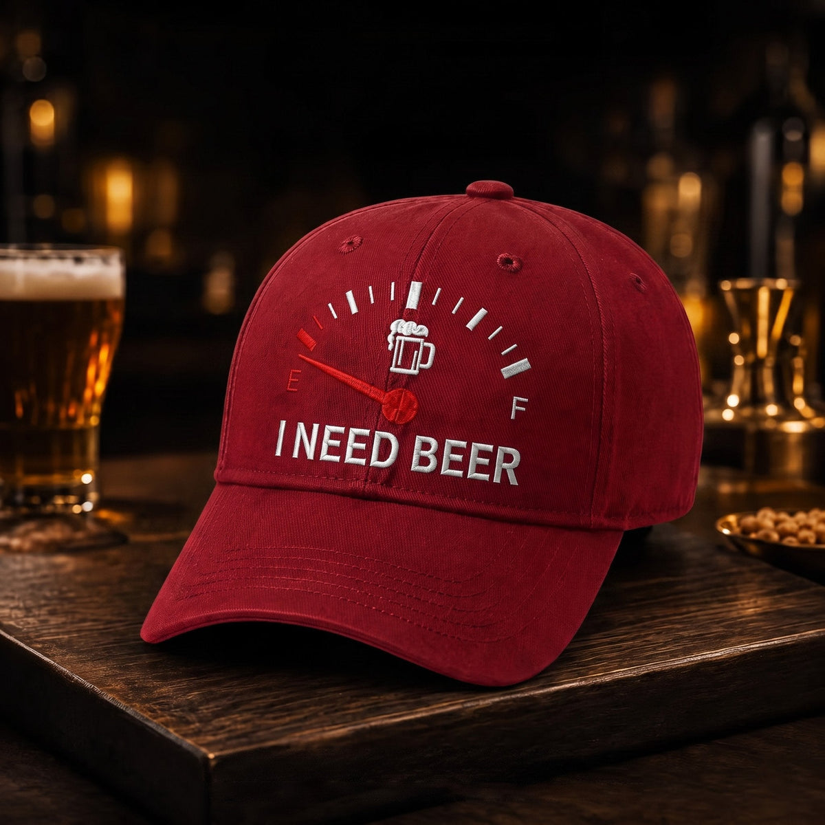 🧢 Broderad keps med bränslemätare och texten ”I Need Beer”: En rolig basebollkeps! 🍺✨