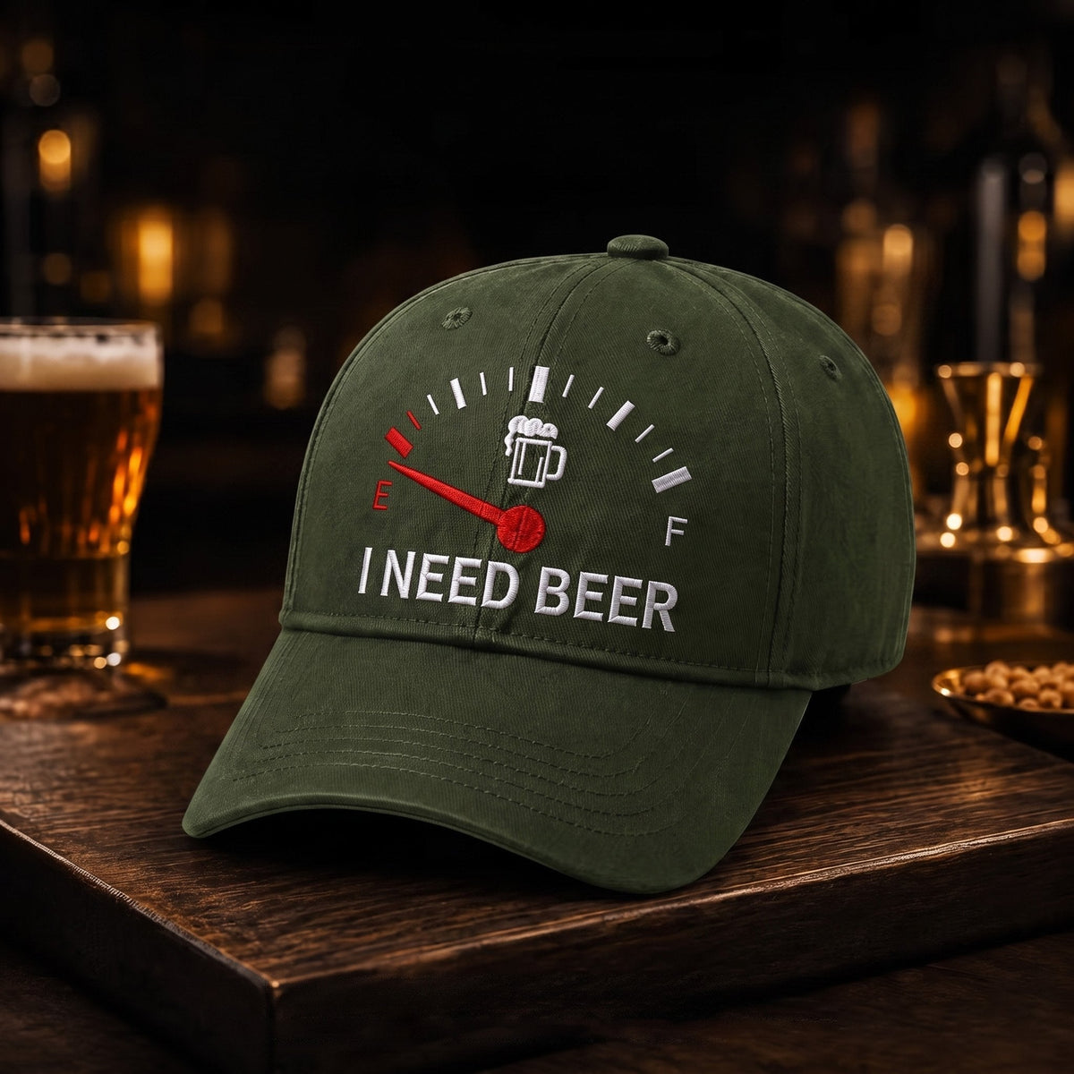 🧢 Broderad keps med bränslemätare och texten ”I Need Beer”: En rolig basebollkeps! 🍺✨