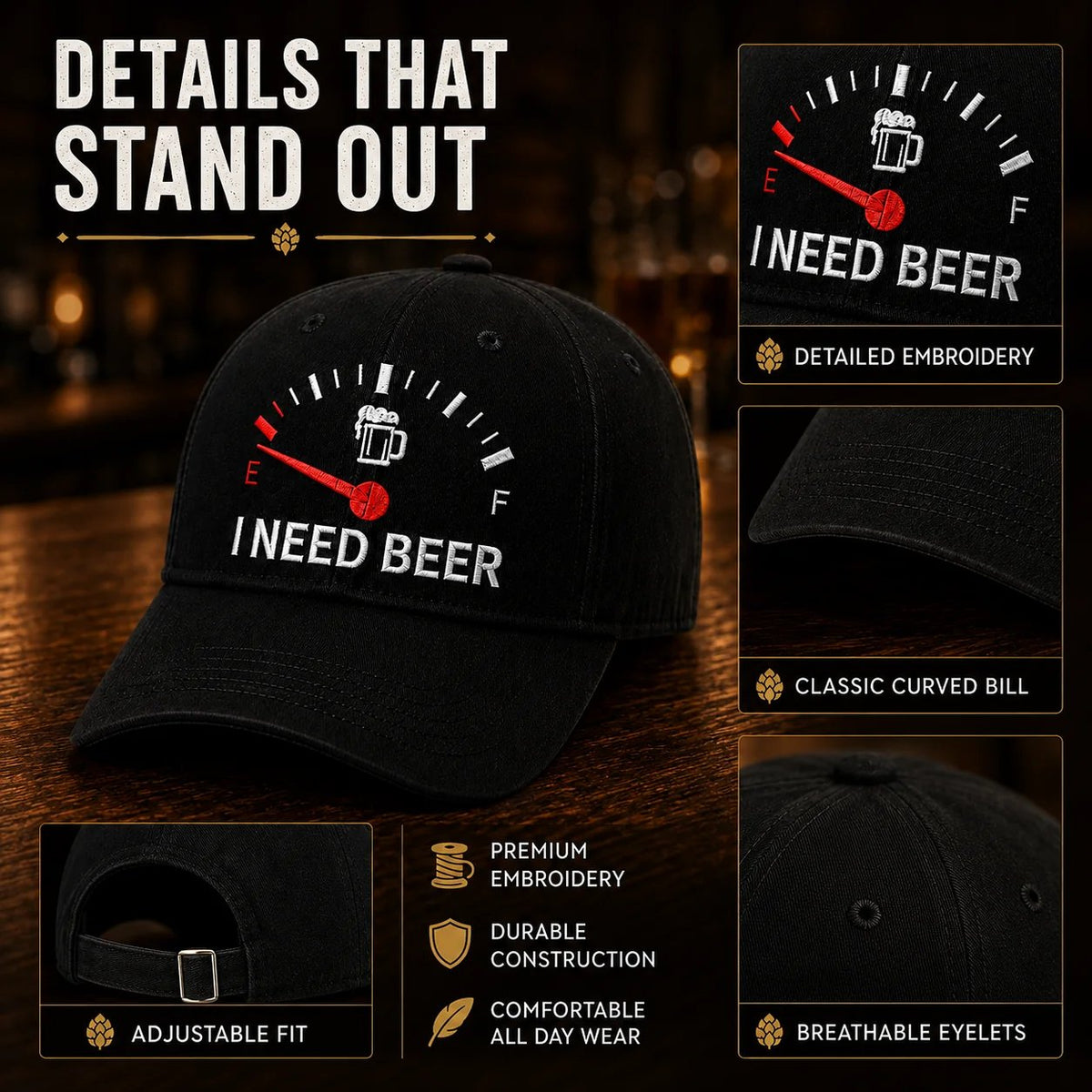 🧢 Broderad keps med bränslemätare och texten ”I Need Beer”: En rolig basebollkeps! 🍺✨