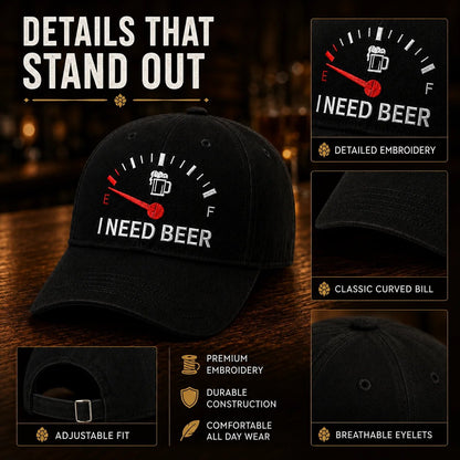 🧢 Broderad keps med bränslemätare och texten ”I Need Beer”: En rolig basebollkeps! 🍺✨