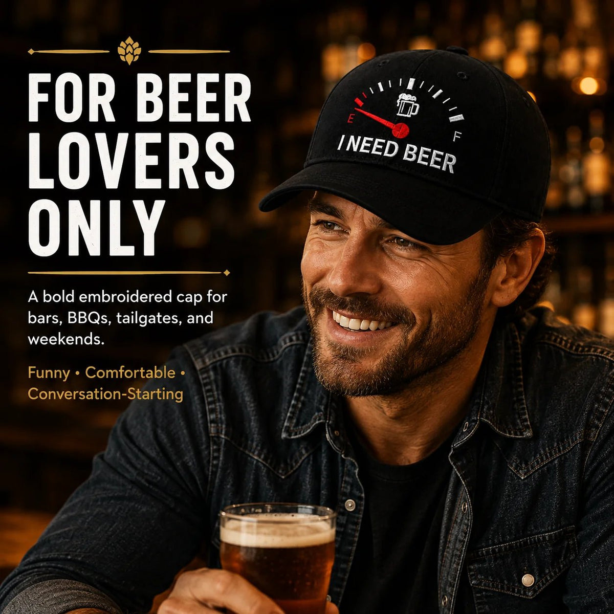 🧢 Broderad keps med bränslemätare och texten ”I Need Beer”: En rolig basebollkeps! 🍺✨
