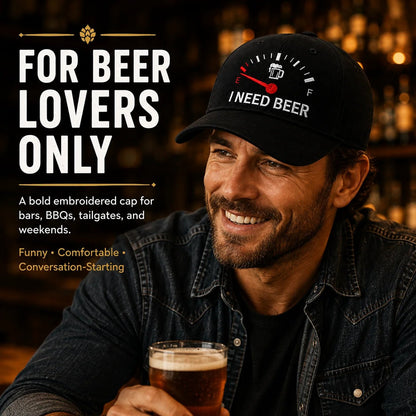 🧢 Broderad keps med bränslemätare och texten ”I Need Beer”: En rolig basebollkeps! 🍺✨
