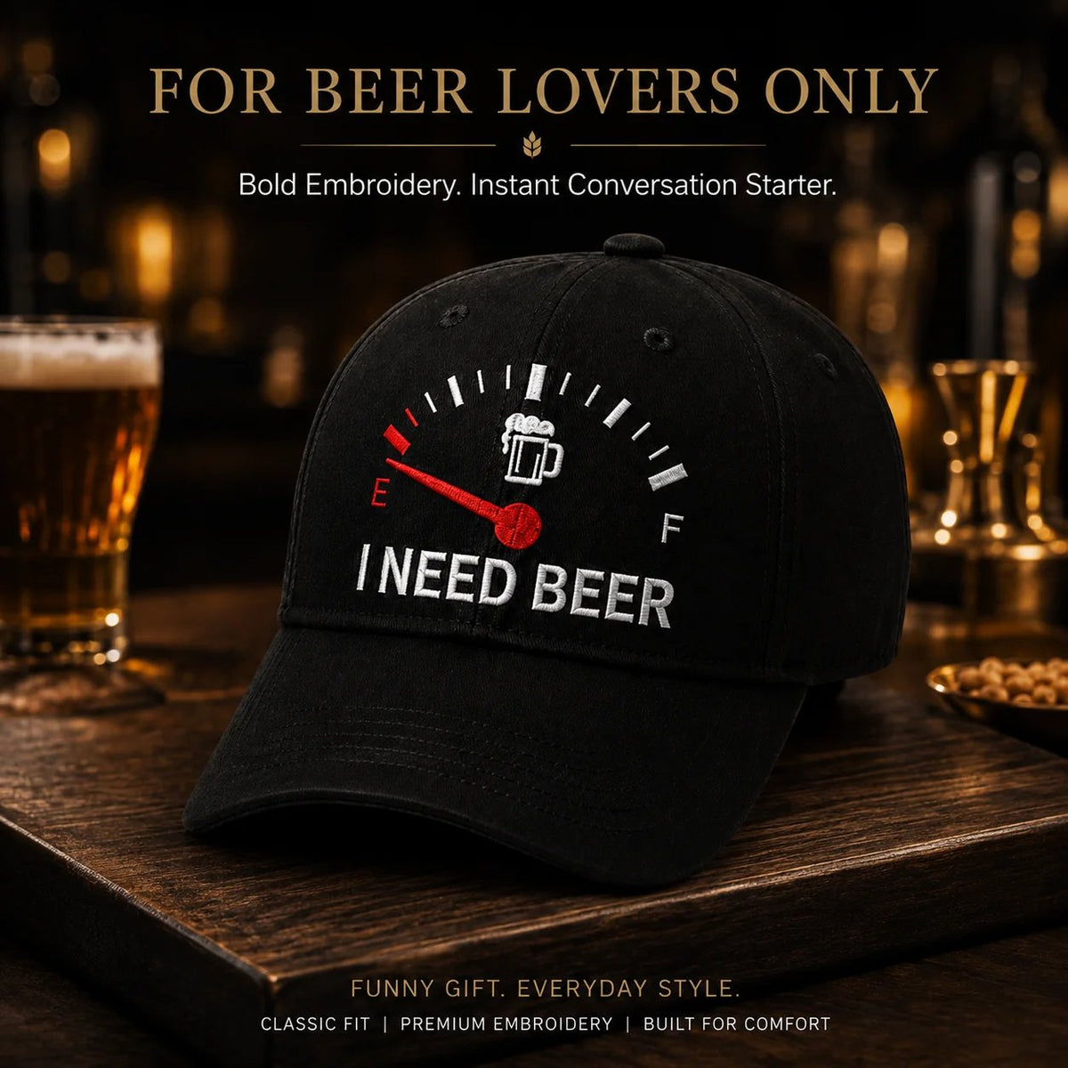 🧢 Broderad keps med bränslemätare och texten ”I Need Beer”: En rolig basebollkeps! 🍺✨