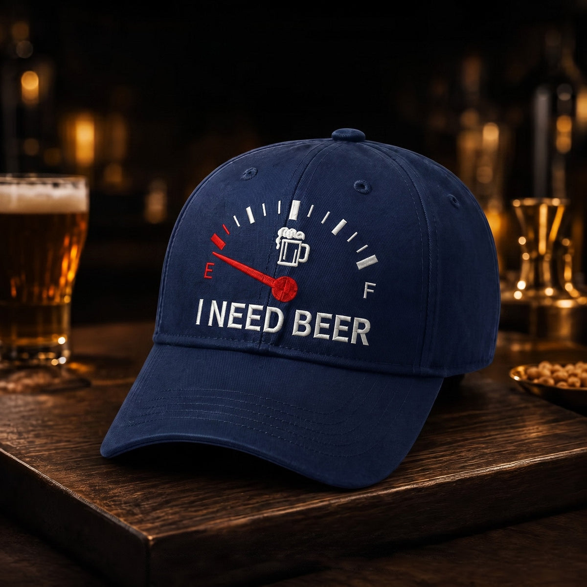 🧢 Broderad keps med bränslemätare och texten ”I Need Beer”: En rolig basebollkeps! 🍺✨